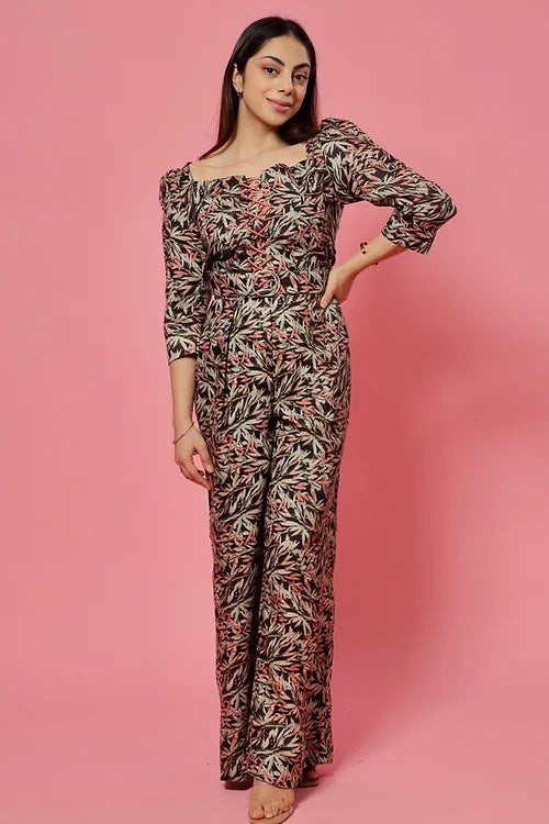 Amy Black Leaft Print Coord